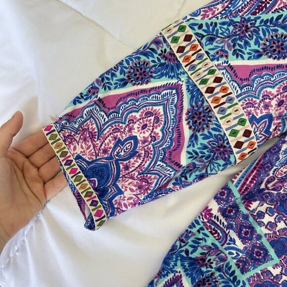 Cupio Womens Large Blue Purple Paisley 3/4 Sleeve Tie Blouse Top Casual - Picture 2 of 8